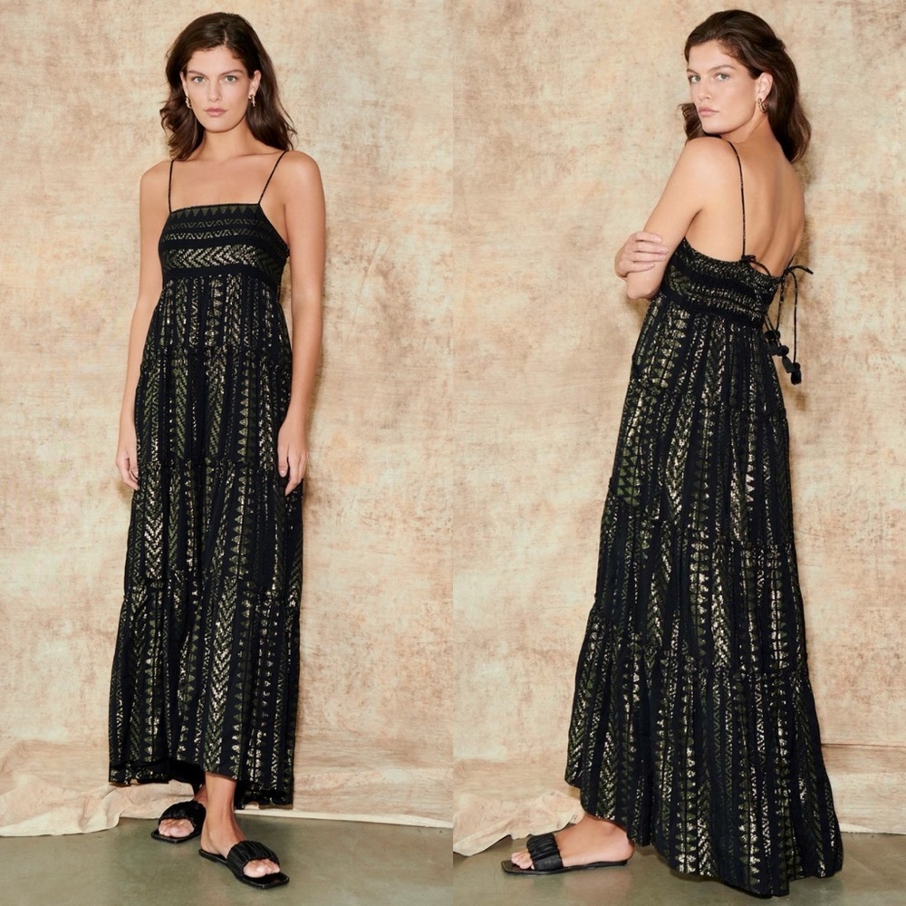Saylor Joanie Tiered Maxi Dress Fringe Tassel Ties Black Metallic Details M - Picture 15 of 15